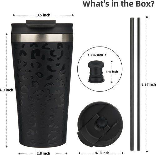 BJPKPK 18oz Insulated Tumbler - Stainless Steel Travel Coffee Mug with Lid & Straw | Black Leopard