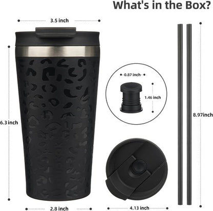 BJPKPK 18oz Insulated Tumbler - Stainless Steel Travel Coffee Mug with Lid & Straw | Black Leopard