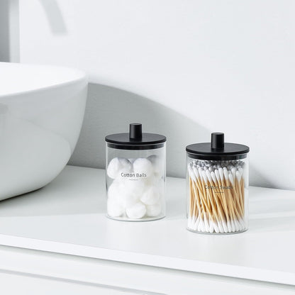 TIPGO Glass Qtip Holder Dispenser - 10 oz Clear Canister for Cotton Swabs & Makeup Storage | 2 Pack, Black