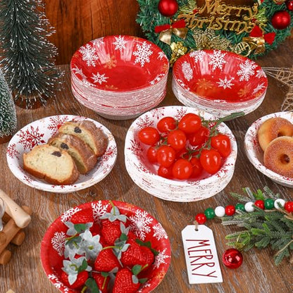 Disposable Winter Paper Bowls Set - Red White Snowflake Pattern, 12 Oz, 100 Pack