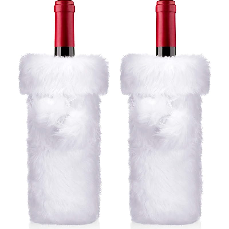 Boao 2-Piece White Faux Fur Wine Bottle Covers - Xmas Christmas Themed Bag, 32x9x9 cm