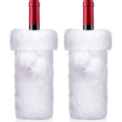 Boao 2-Piece White Faux Fur Wine Bottle Covers - Xmas Christmas Themed Bag, 32x9x9 cm