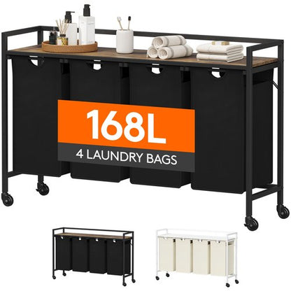 Lifewit Laundry Hamper 4 Section, 168L Pull out Laundry Clothes Basket Organizer with Large Top Shelf and 4 Removable Bags and Handles for Laundry Room Bedroom Bathroom, Black with Wheels