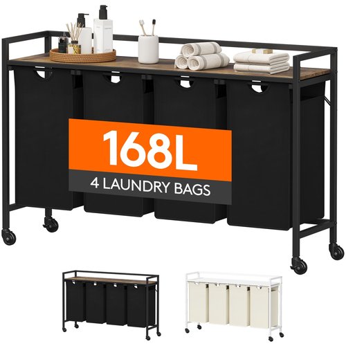Lifewit Laundry Hamper 4 Section, 168L Pull out Laundry Clothes Basket Organizer with Large Top Shelf and 4 Removable Bags and Handles for Laundry Room Bedroom Bathroom, Black with Wheels