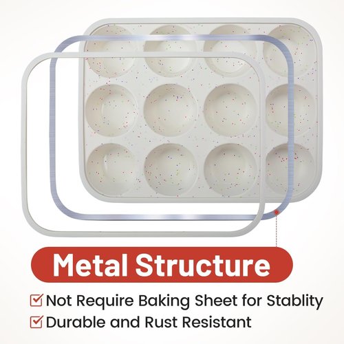 CAKETIME Silicone Muffin Pan - Non-Stick 12-Cup Design with Metal Reinforced Frame | Easy Oven Use