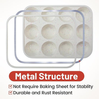 CAKETIME Silicone Muffin Pan - Non-Stick 12-Cup Design with Metal Reinforced Frame | Easy Oven Use