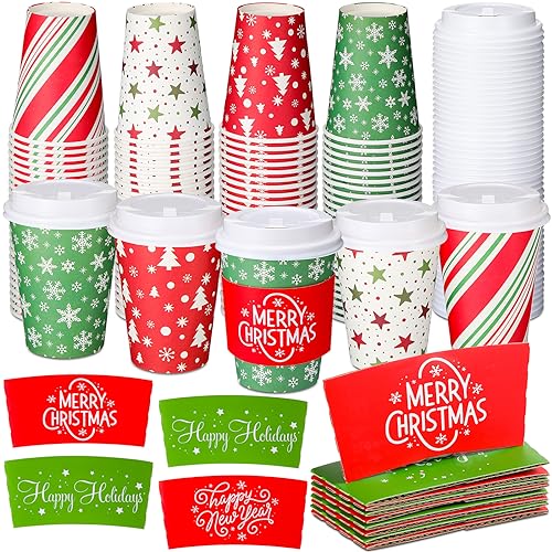 Yungyan 100 Pack 12 oz Christmas Coffee Cups with Lids & Sleeves - Holiday Party Supplies