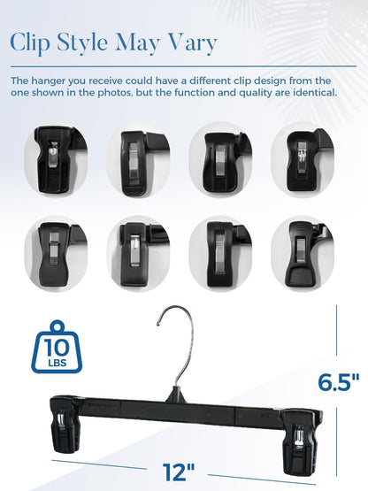 Smartor Pants Hangers - 30 Pack Heavy-Duty Black Clips with 360° Hooks for Shorts, Trousers, and Skirts | 12 Inch