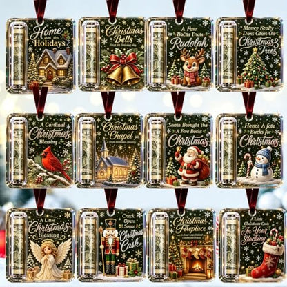 Christmas Cash Gift Ornament Set - Acrylic Holiday Money Holders with Santa Snowman Reindeer Designs