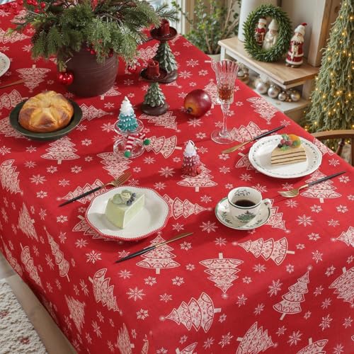 Christmas Tree Snowflake Tablecloth 60x84 Inch Spill-Proof Red Holiday Decor Variation of Christmas Tree & Snowflake / 84" x 60"