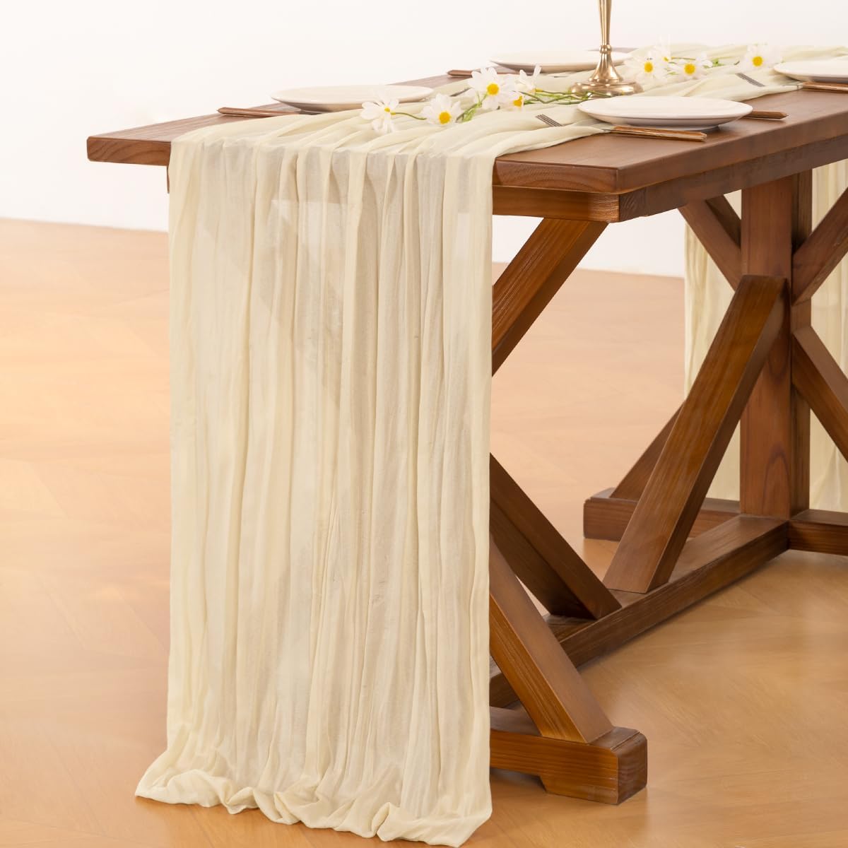 Socomi Cheesecloth Table Runner - 120 Inch Beige Boho Rustic Decor for Weddings & Events