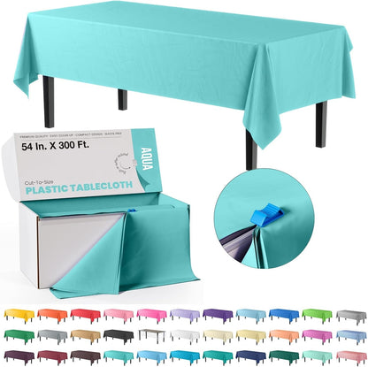Party Solids Aqua Plastic Table Cover Roll - 54 Inch X 300 Feet with Convenient Slide Cutter