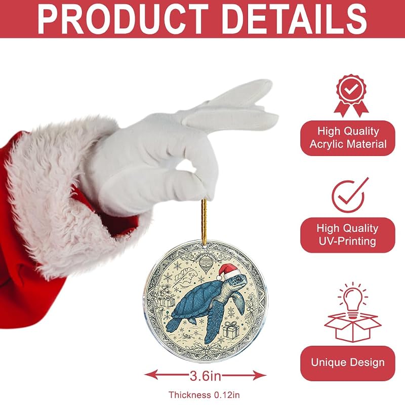 Sea Turtle Christmas Ornament - 3.6in Acrylic Hanging Decoration Gift