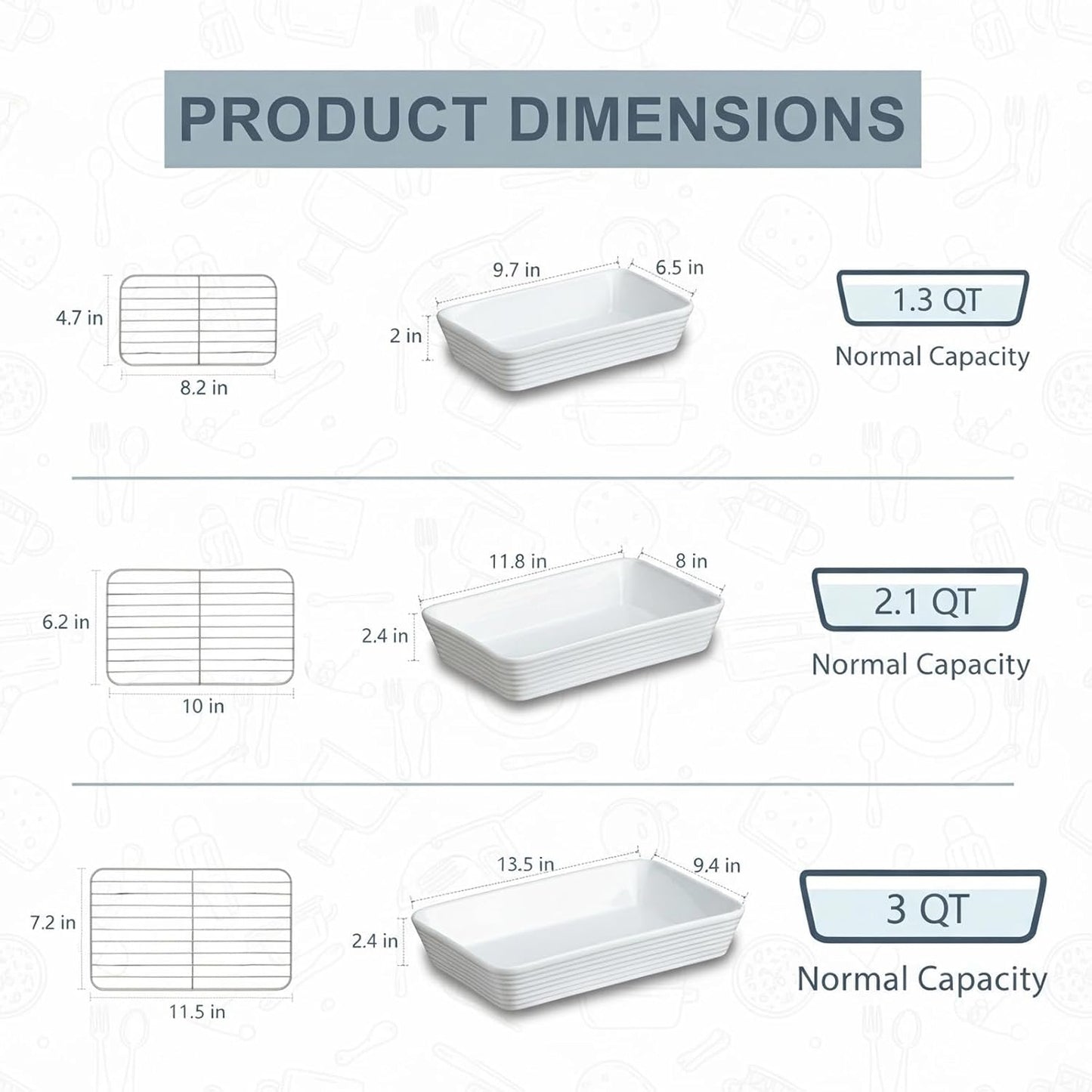 ONEMORE Baking Dishes Set - Large 9x13 Rectangular Ceramic Casserole Dishes with Roasting Racks | 3QT, 2.1QT, 1.3QT