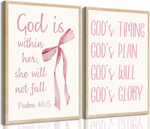 Coquette Pink Bow Canvas Wall Art - Inspirational Christian Bible Verses for Girls' Room | 12"x16" Unframed