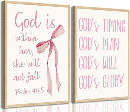 Coquette Pink Bow Canvas Wall Art - Inspirational Christian Bible Verses for Girls' Room | 12"x16" Unframed