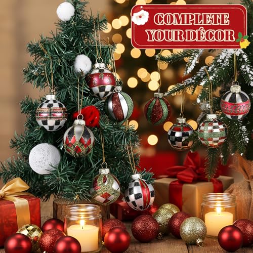 Christmas Plaid Tartan Glass Ball Ornaments - Classic Red Green Black, 10 Pack