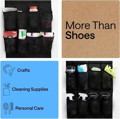 GORILLA GRIP Over The Door Shoe Organizer - 24 Extra Large Breathable Mesh Pockets | Space-Saving Storage in Black