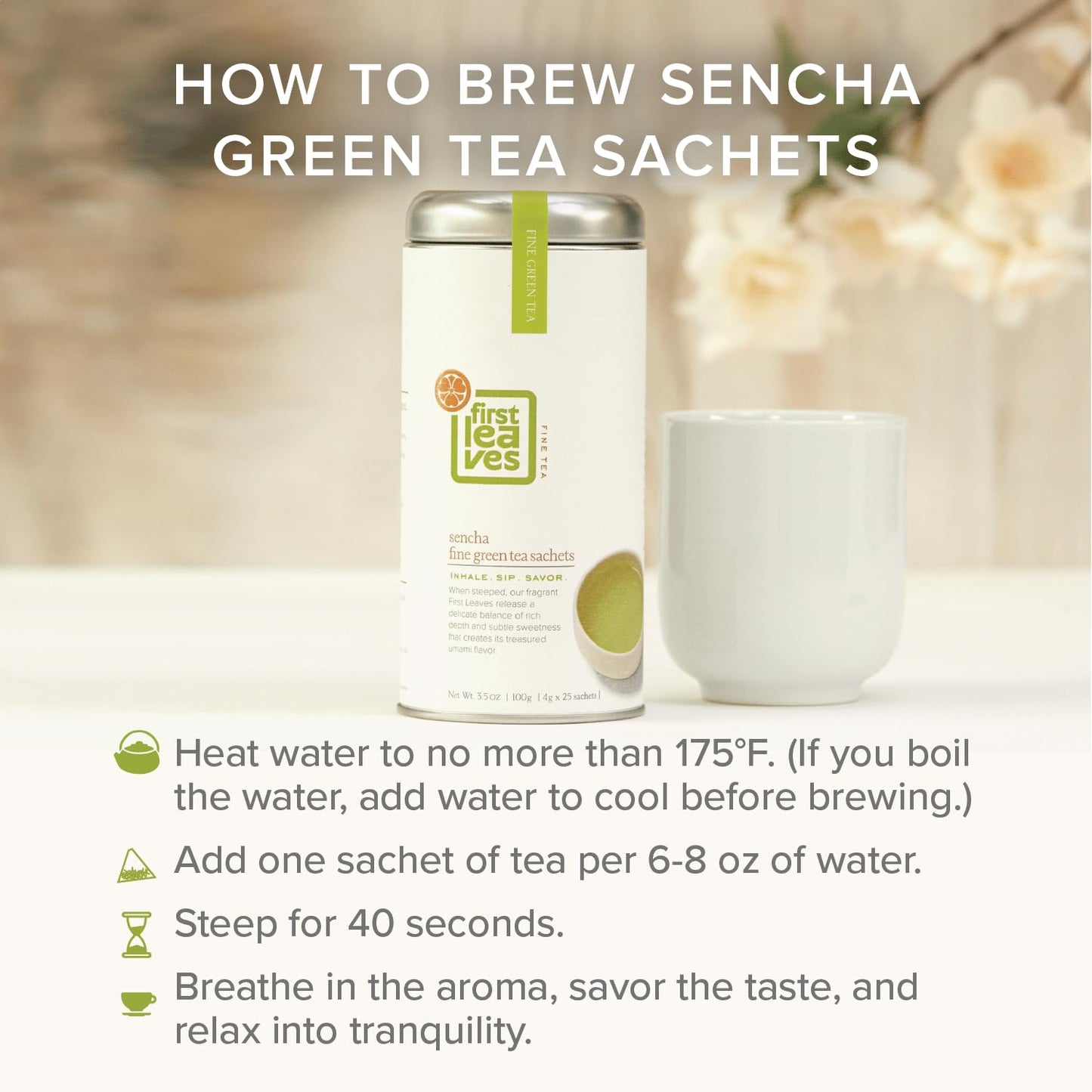 Sencha Green Tea Bag Sachets (25 Packets), Organic Japanese Green Tea Bags (25 Bags), Authentic Japanese Sencha Tea by First Leaves, 100 Grams