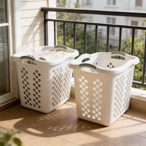2-bushel capacity laundry baskets with silver handles, white, 2-pack