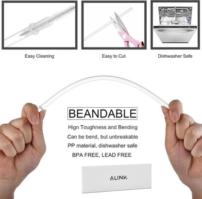 ALINK Reusable Hard Plastic Clear Straws - 10.5 Inch Long for 16-30 OZ Tumblers | Includes Cleaning Brush