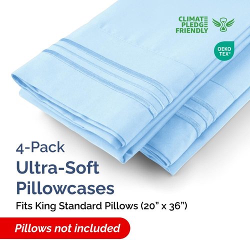 King Standard Pillow Cases - Soft Hotel Quality Covers for Comfy Bedding | Set of 4 Light Blue
