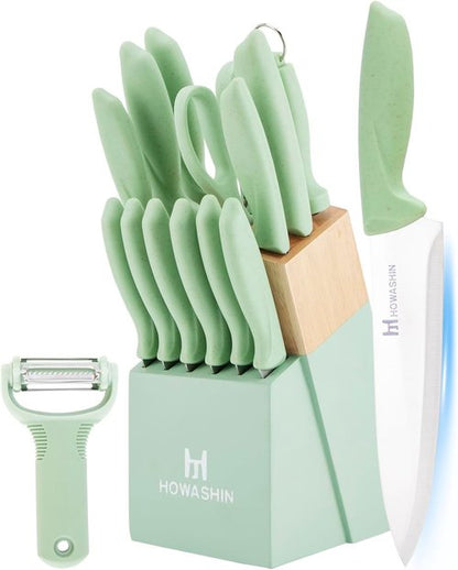 Knife Set With Block,Howashin14 Pieces Kitchen Knives Set With Block,High Carbon German Stainless Steel Knife Set With Sharpener Rod,Scissor and Peeler as A Gift,Green Knife Block Set
