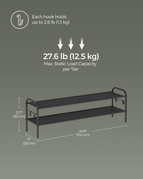 SONGMICS Shoe Rack, 2-Tier Shoe Organizer, Fabric Shoe Shelf Storage with 4 Hooks, Holds up to 12 Pairs of Shoes, Height-Adjustable Shoe Rack for Entryway, Hallway, Closet, Easy Assembly, Ink Black