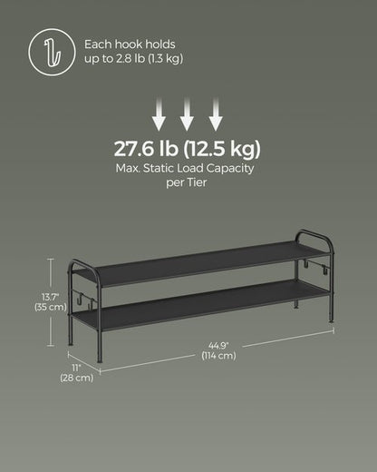 SONGMICS Shoe Rack, 2-Tier Shoe Organizer, Fabric Shoe Shelf Storage with 4 Hooks, Holds up to 12 Pairs of Shoes, Height-Adjustable Shoe Rack for Entryway, Hallway, Closet, Easy Assembly, Ink Black
