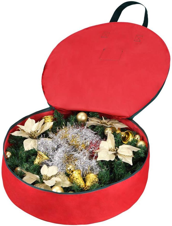 Primode Christmas Wreath Storage Bag - 24" Artificial Wreath Container with Sturdy Handles & Dual Zipper - Red (2 Pack)