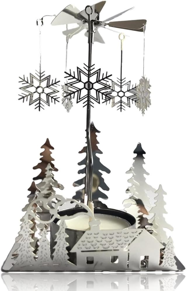 Skiennix Winter Holiday Cabin Silver Candle Spinner - Silver Plated Laser Cut Scene - 5" Tea Light Holder