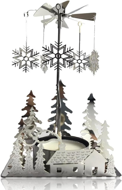 Skiennix Winter Holiday Cabin Silver Candle Spinner - Silver Plated Laser Cut Scene - 5" Tea Light Holder