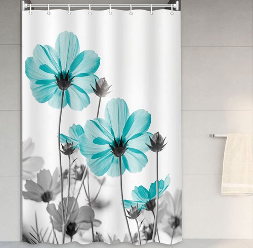 MERCHR Unique Floral Shower Curtain for Bathroom Decor, Teal and Gray Daisy Flower Elegant Wildflower Design Farmhouse Camper RV Shower Curtains with Hooks Set, 47 X 64 Inches