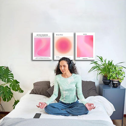 Trendy Aesthetic Canvas Wall Art - Set of 3 Pink Gradient Aura Angel Prints | Framed 12x16 Inch Room Decor