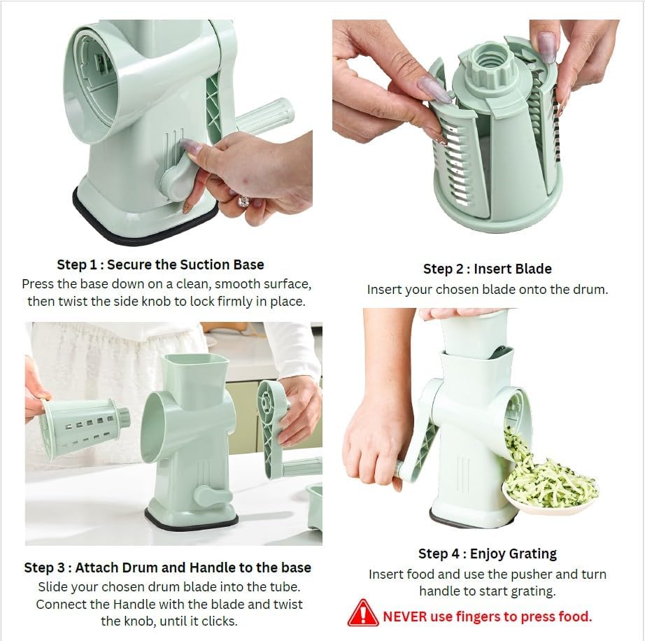 Skiennix 6-in-1 Rotary Cheese Grater - Hand Crank with 6 Stainless Steel Blades | Easy Clean & Suction Base