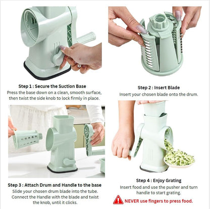 Skiennix 6-in-1 Rotary Cheese Grater - Hand Crank with 6 Stainless Steel Blades | Easy Clean & Suction Base