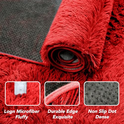 Red Fluffy Rug 4x6 ft Plush Non-Slip Bedroom Carpet - Cozy Shag Home Decor