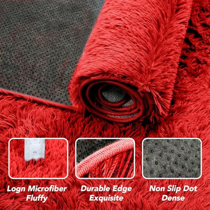 Red Fluffy Rug 4x6 ft Plush Non-Slip Bedroom Carpet - Cozy Shag Home Decor