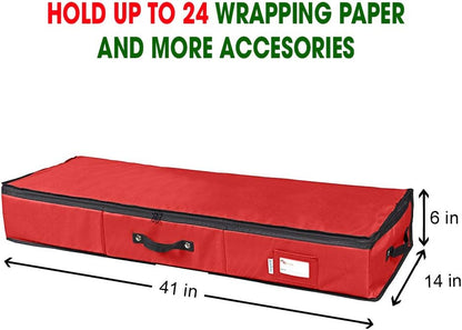 Primode Wrapping Paper Storage Container - Gift Wrap Organizer Under Bed | 41”x14”x6” | Holds 18-24 Rolls Up to 40” | Durable 600D Oxford | Includes Pockets for Ribbons and Bows (Red)
