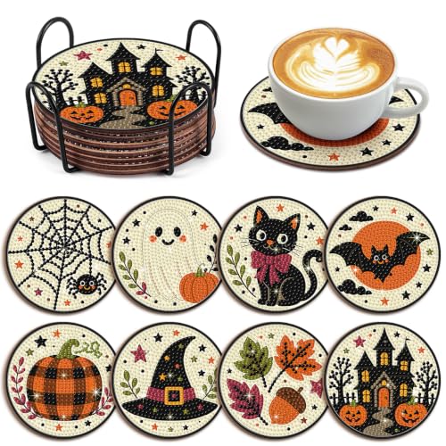 Halloween Diamond Art Coasters Set with Holder - Ghost Pumpkin Black Cat - DIY Wooden Craft Kit - Halloween Decorations & Gifts - Halloween-2
