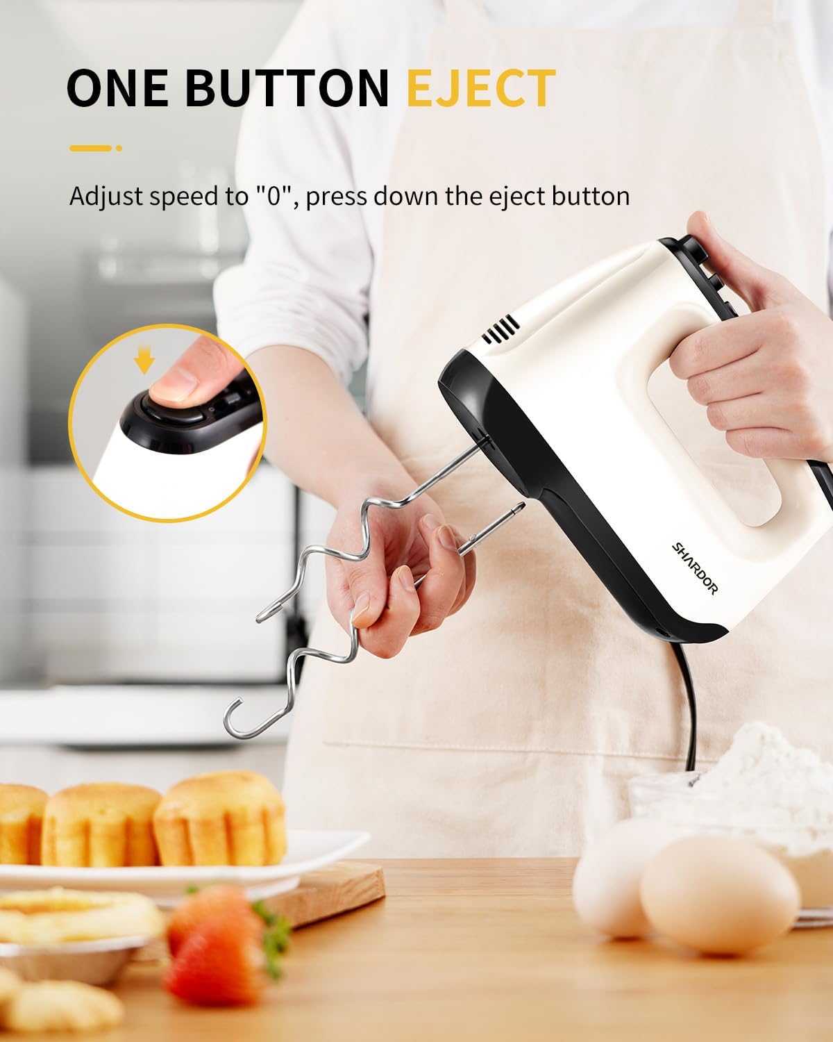 SHARDOR Electric Hand Mixer - 6 Speed Turbo with Snap-On Storage Case & 5 Stainless Steel Attachments - White