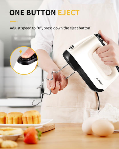 SHARDOR Electric Hand Mixer - 6 Speed Turbo with Snap-On Storage Case & 5 Stainless Steel Attachments - White
