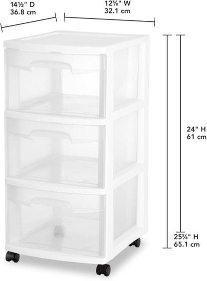 Sterilite 3-Drawer Rolling Storage Organizer - Versatile Plastic Bin Cart for Closet | White, 6-Pack