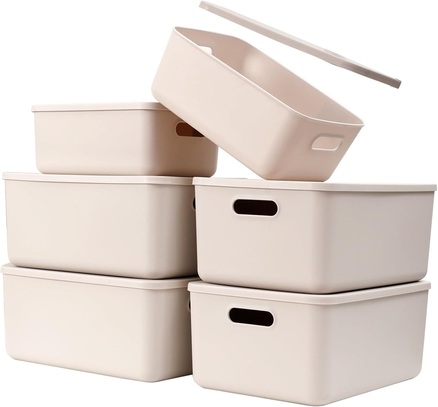 Yishyfier Plastic Storage Baskets - Lidded Organizing Containers for Shelves & Drawers | 4 Medium + 2 Small, Light Grey