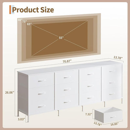 12-Drawer Long Fabric Dresser Wide Storage Chest TV Stand - White
