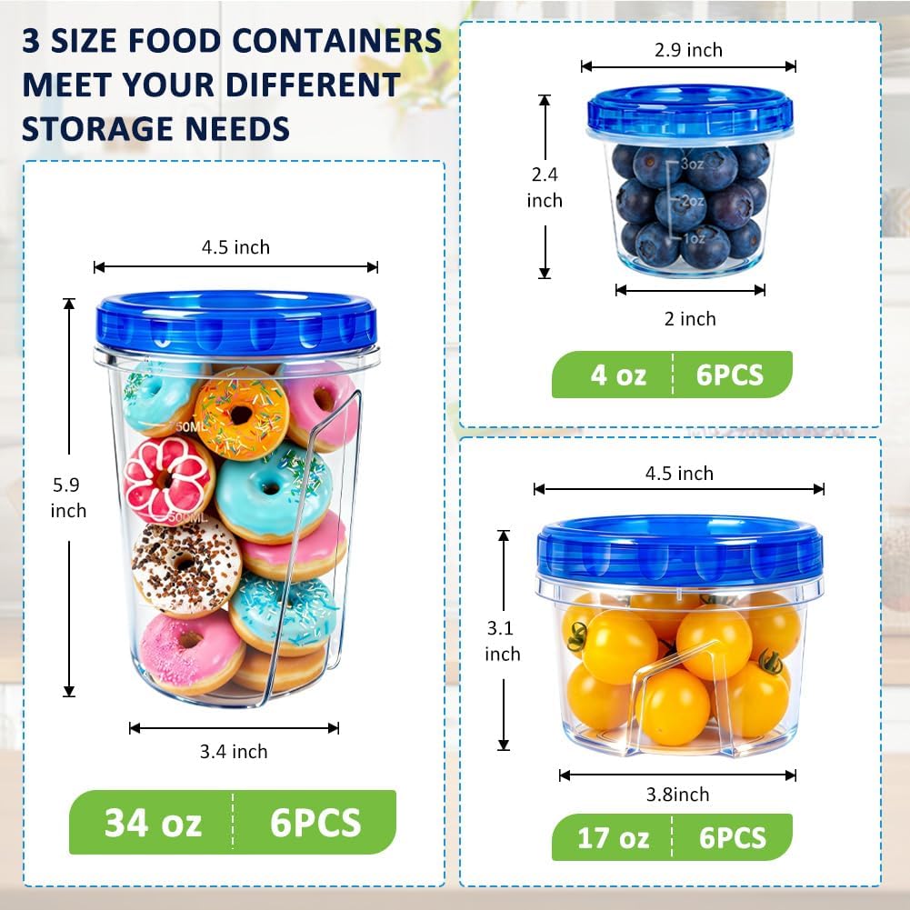 Skiennix Reusable Freezer Storage Containers - Airtight Twist Top Lids | 18 Pack, 34oz/17oz/4oz Sizes for Meal Prep