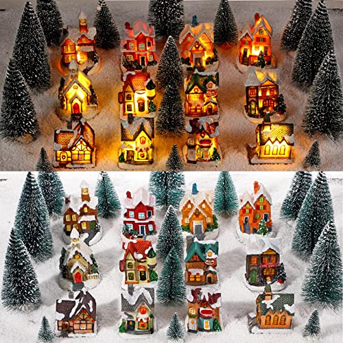 Christmas Houses Village and Mini Trees LED Light Set - 24 Pcs Holiday Decor