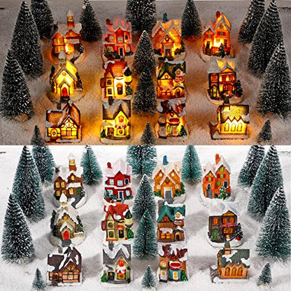 Christmas Houses Village and Mini Trees LED Light Set - 24 Pcs Holiday Decor