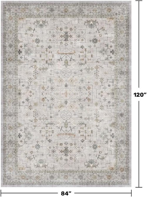 Hazo Haus Boho Living Room Rug - Light Grey Modern Vintage Floral Design | Washable 7x10 Non-Slip Area Rug