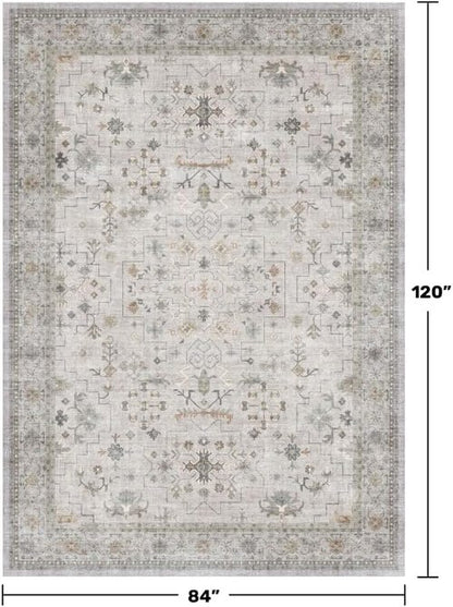 Hazo Haus Boho Living Room Rug - Light Grey Modern Vintage Floral Design | Washable 7x10 Non-Slip Area Rug